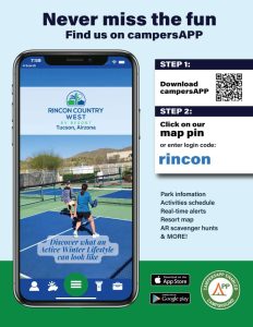 Download campersApp on your phone to see all activities at Rincon Country RV Resort - West