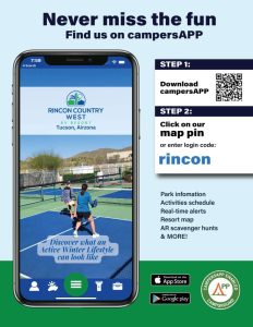 Download campersApp on your phone to see all activities at Rincon Country RV Resort - West